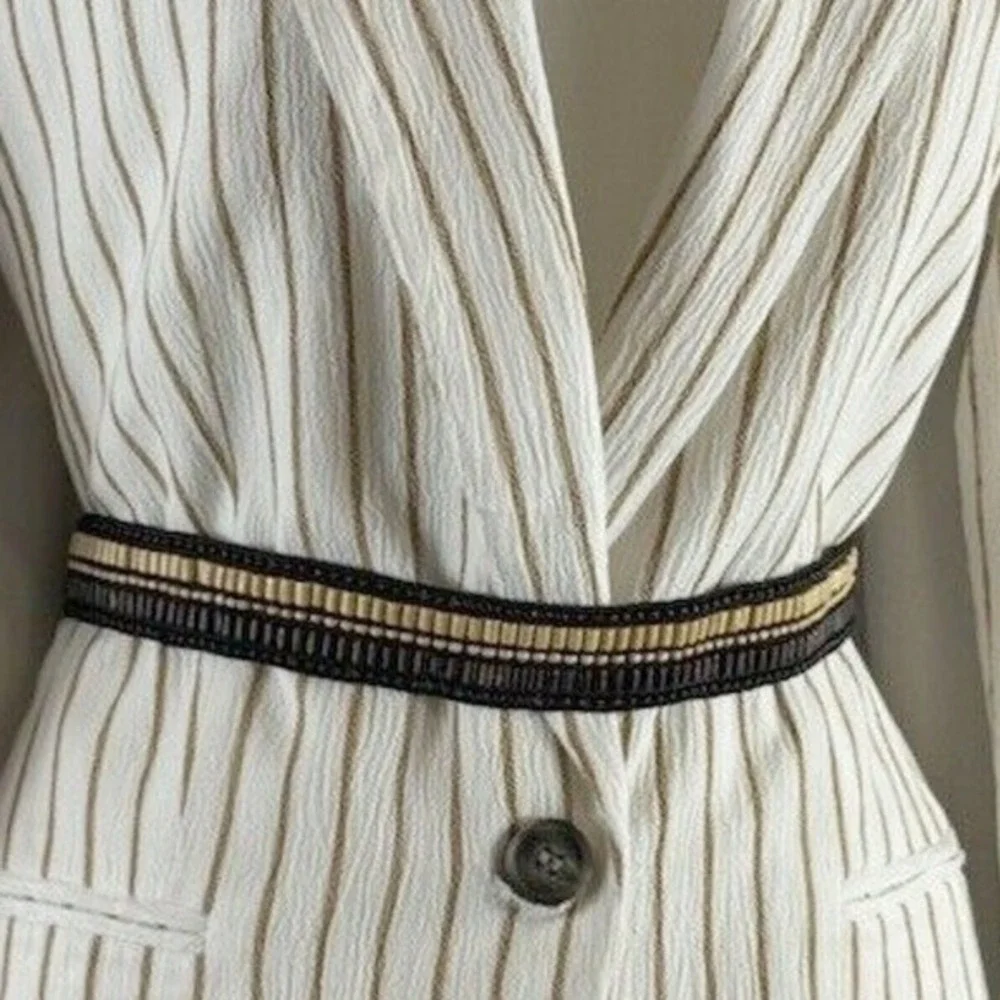 Loft Beaded Elastic Waist Belt Brown Tan Black Wood‎ Bead Stretch Boho 70-25